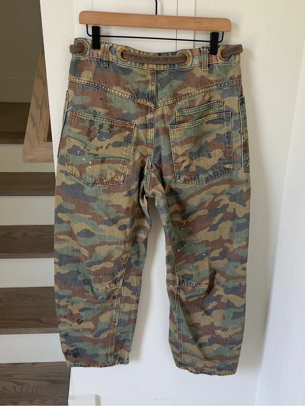 Free People Moxie Printed Low-Slung Barrel Jeans in Camo Moss Green